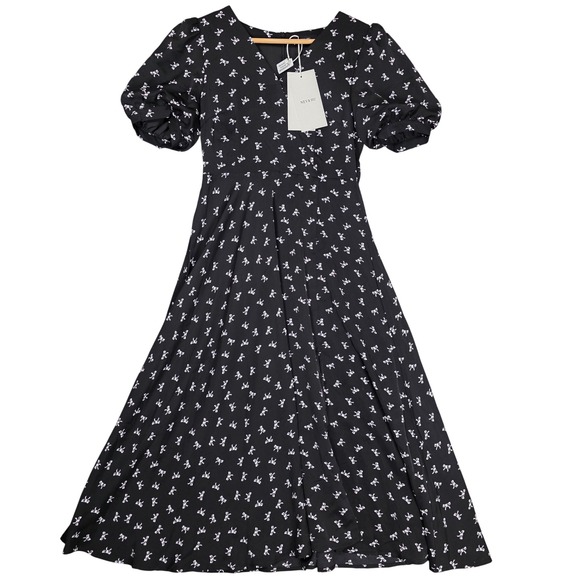 NEVA HU Dresses & Skirts - NEVA HU Bow Print Puff Sleeve Maxi Dress Women L‎ Black NEW Flowy Cottagecore